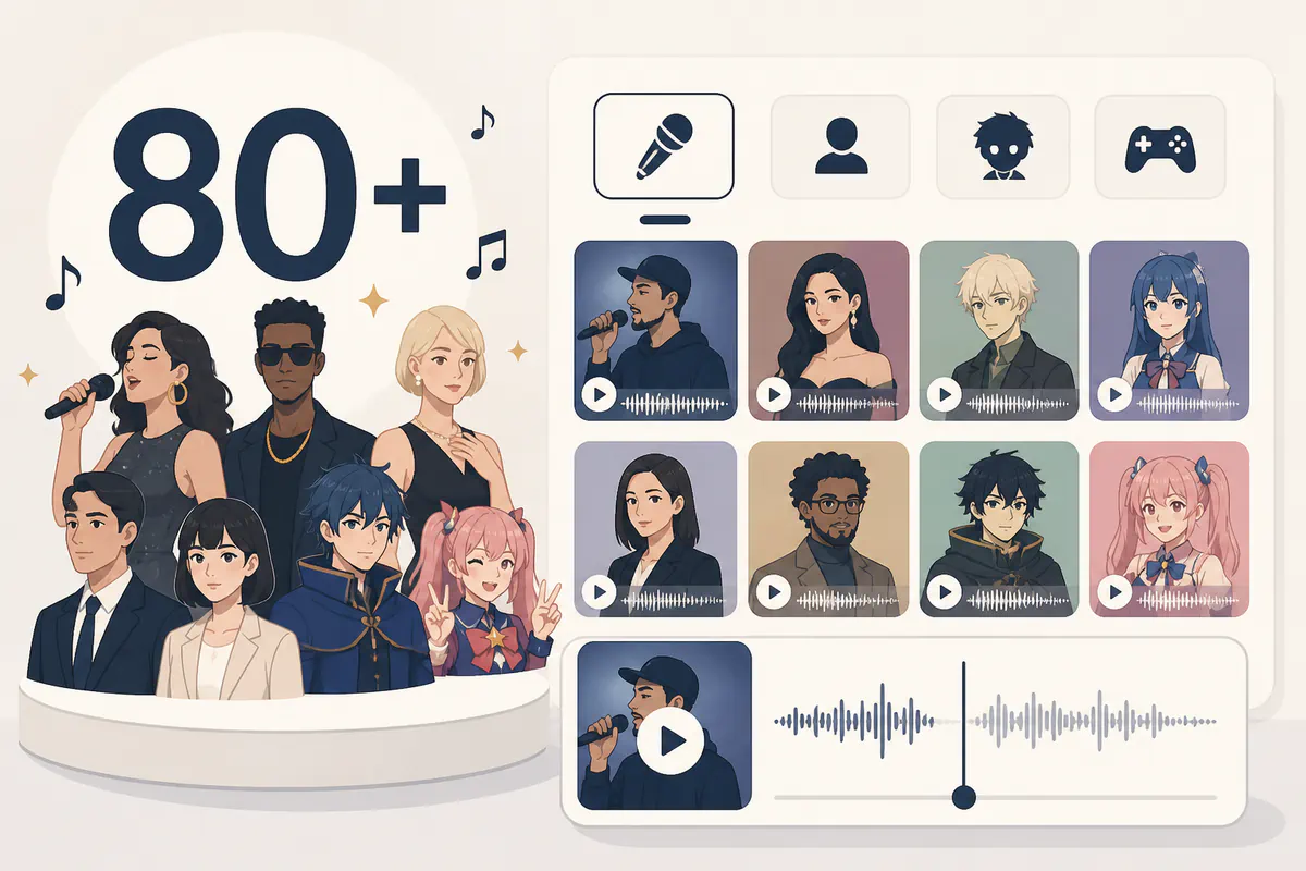 AI song cover 歌手・著名人・キャラクターの80以上のボイス
